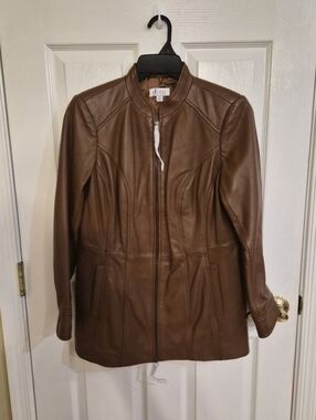 D&Co Brown Leather Coat Jacket NWOT Sz SP